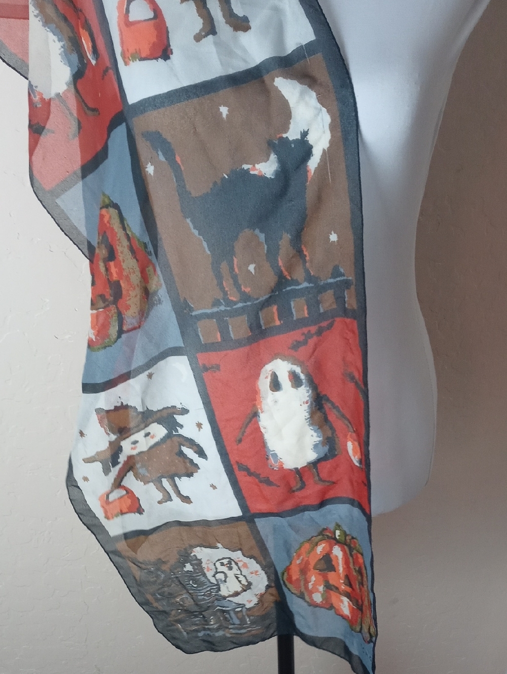 Echo Vintage Sheer Halloween Print Scarf in Red, Brown, Black - Picture 2 of 5